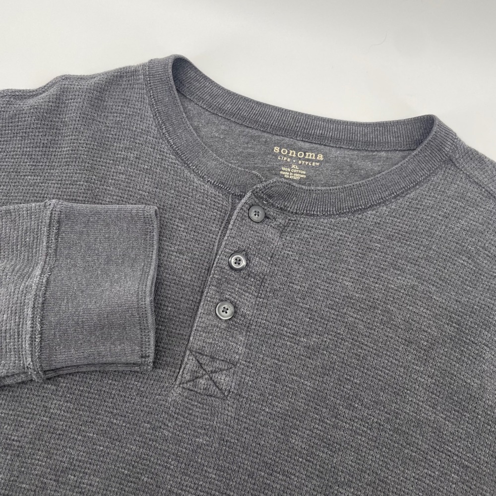 Sonoma Henley Shirt Mens XL Gray Waffle Knit Thermal Long Sleeve Cotton